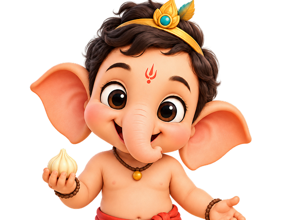 Colorful cartoon Ganesha character with elephant head, friendly smile, vibrant background