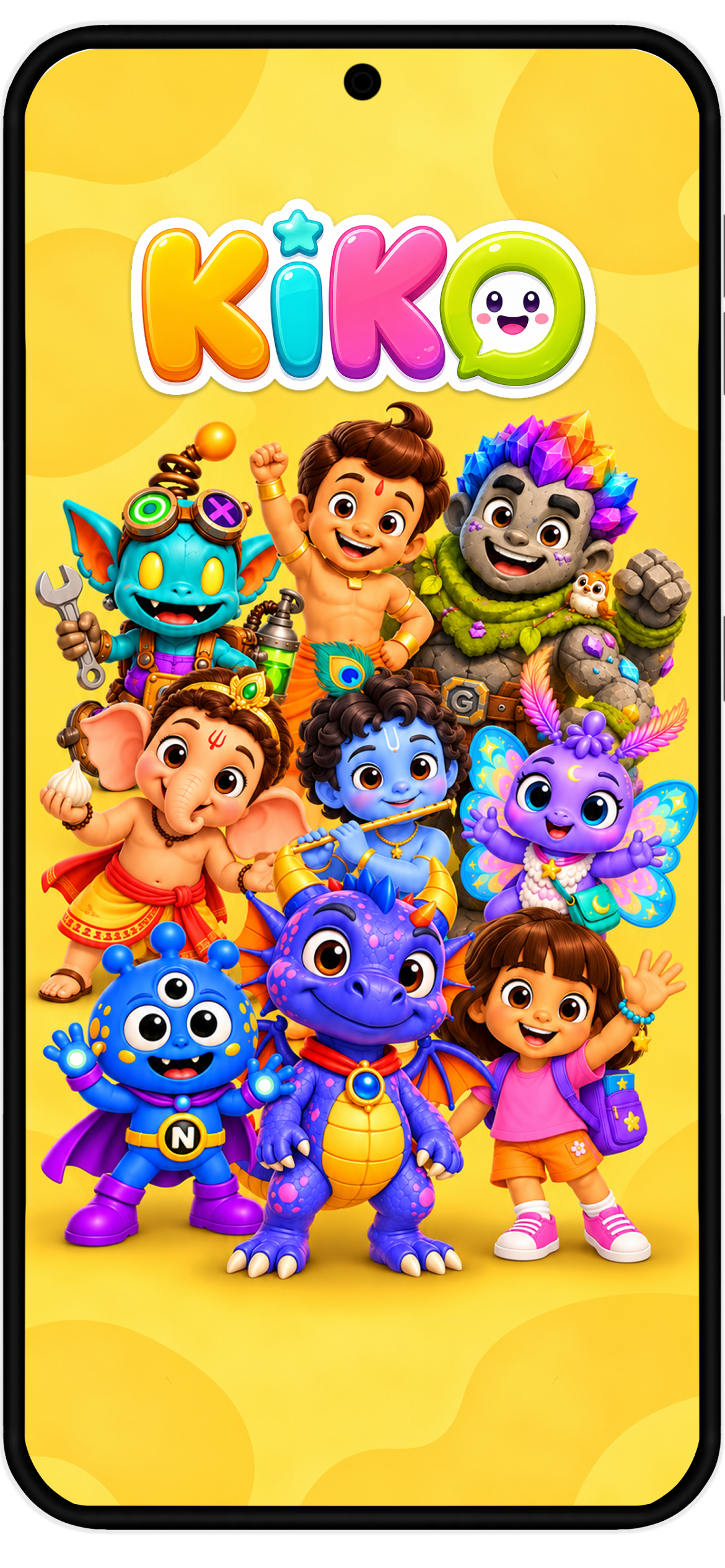 Kiko app displayed inside a phone mockup showcasing the colorful UI for kids