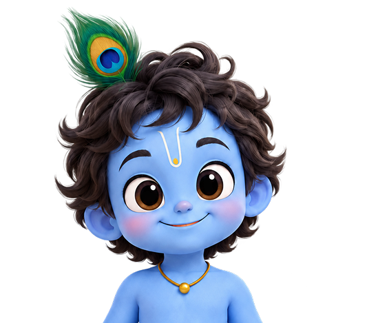 Colorful cartoon Krishna character with flute, blue skin, peacock feather, joyful expression