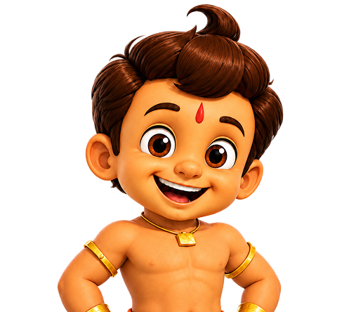 Cartoon Pehelwaan wrestler character with strong build, friendly smile, colorful arena background